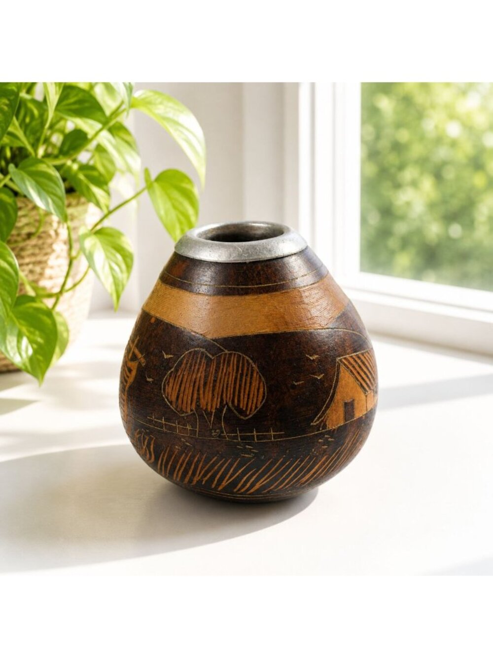 Vintage 1958 Hand-Carved Argentine Drinking Gourd With Scenic Farmhouse Design M